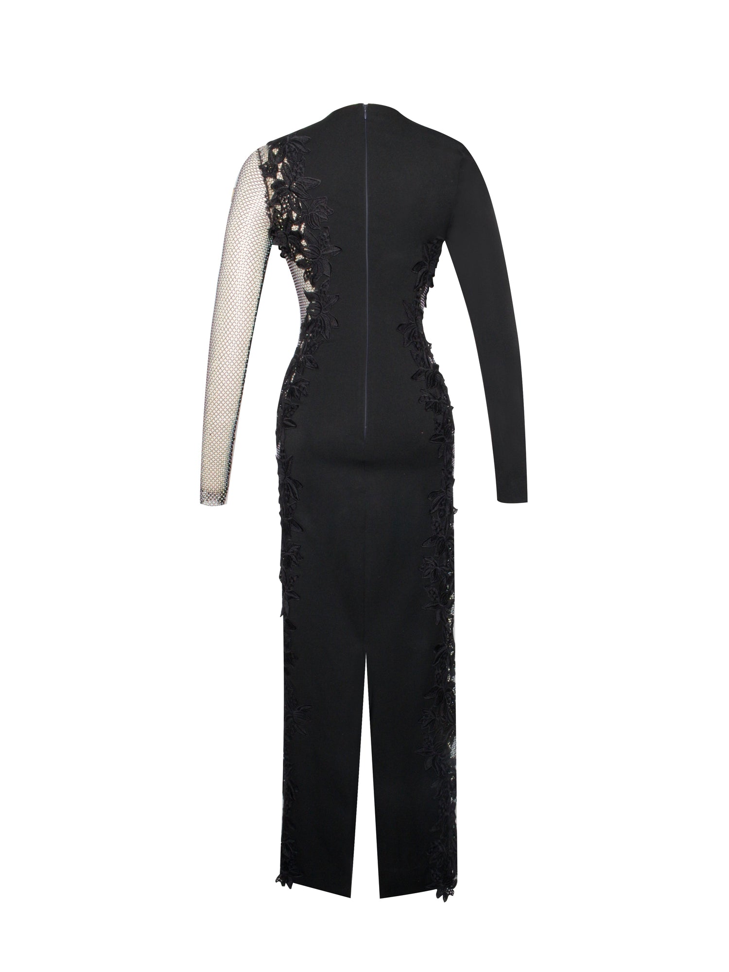 Bailey Lace Trim Crystal Net Cutout Long Sleeve Gown | Black