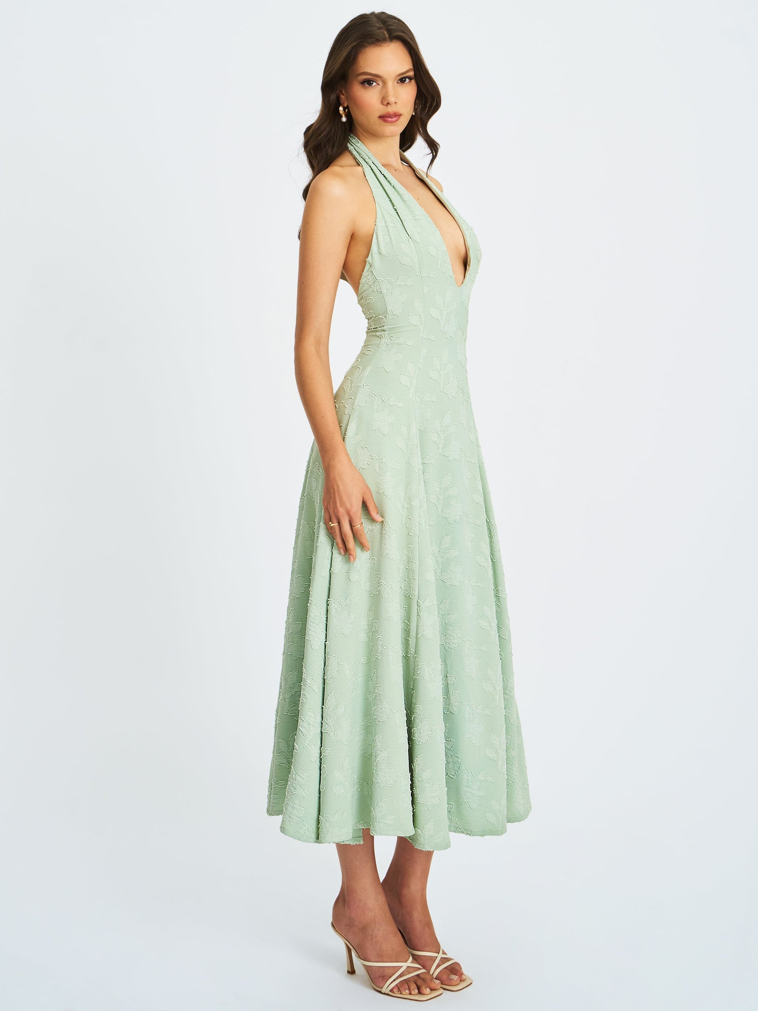 Magda Deep V Neck Halter A-line Midi Dress | Mint Green