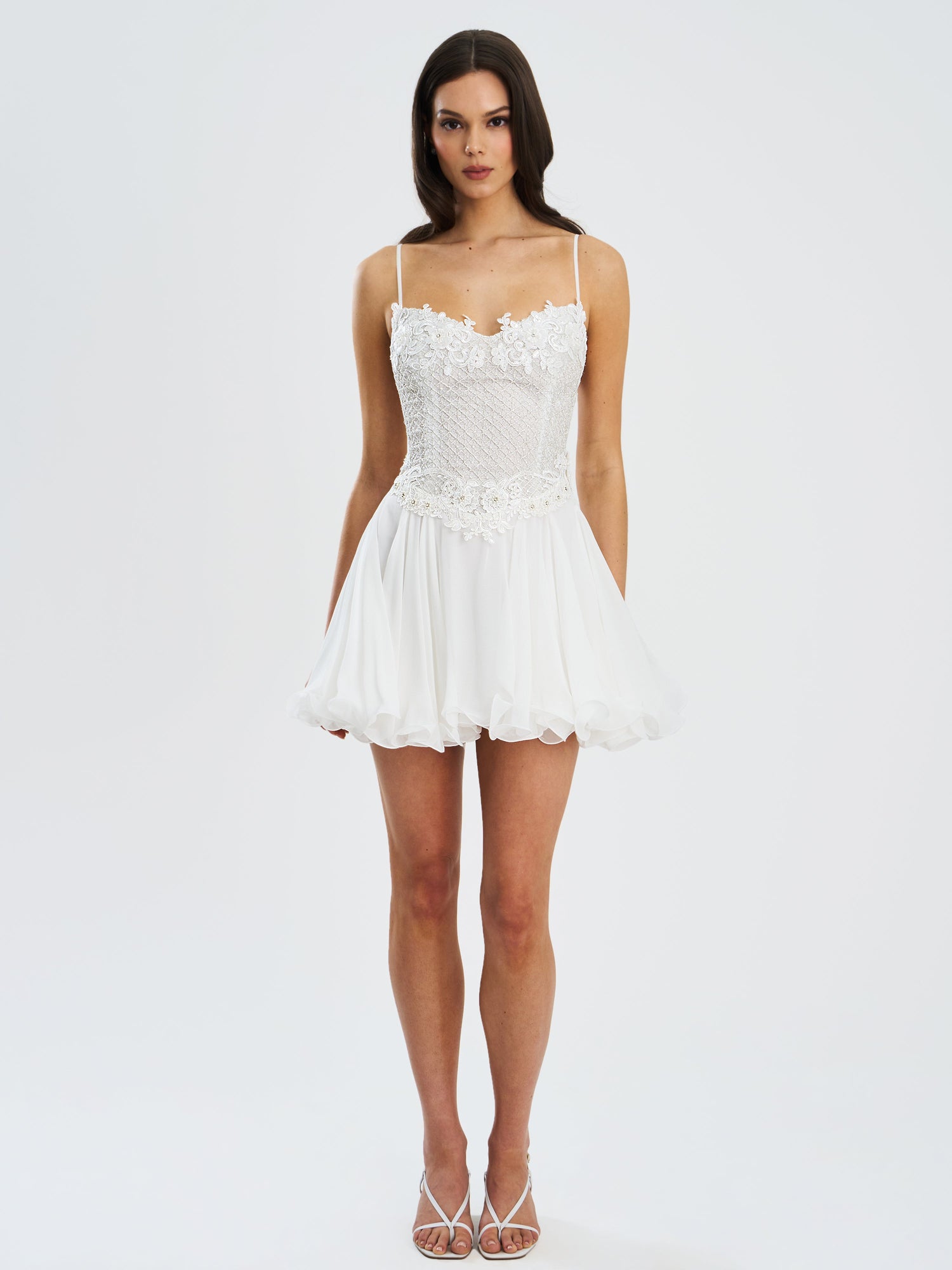 Fabiola Lace Trim Net Top Mini Flare Chiffon Dress | Silver