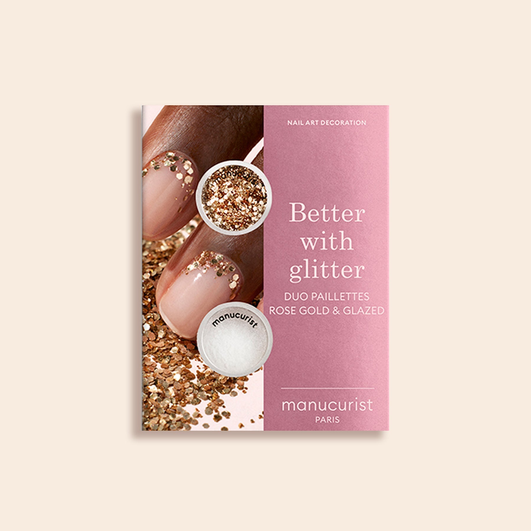 A pink and beige package from Manucurist showcases manicured nails with Glitters Duo Rose Gold  Glazed, blending rose gold glitter and white glazed effect for a pearlescent shine.