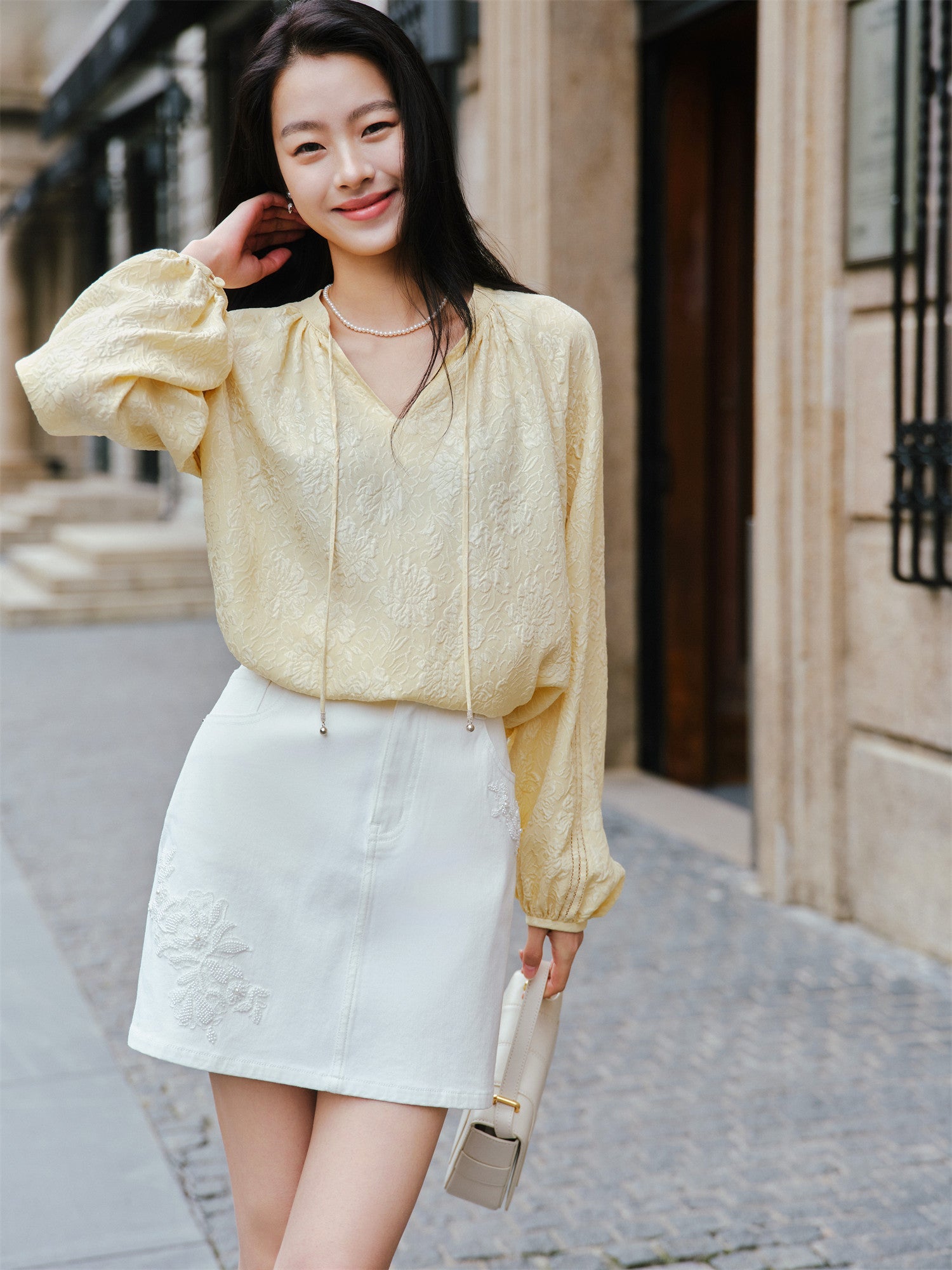 Silk Jacquard Pullover Shirt | Yellow