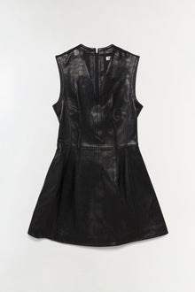 Black leather sleeveless mini dress with front zip closure and pleated skirt detail.