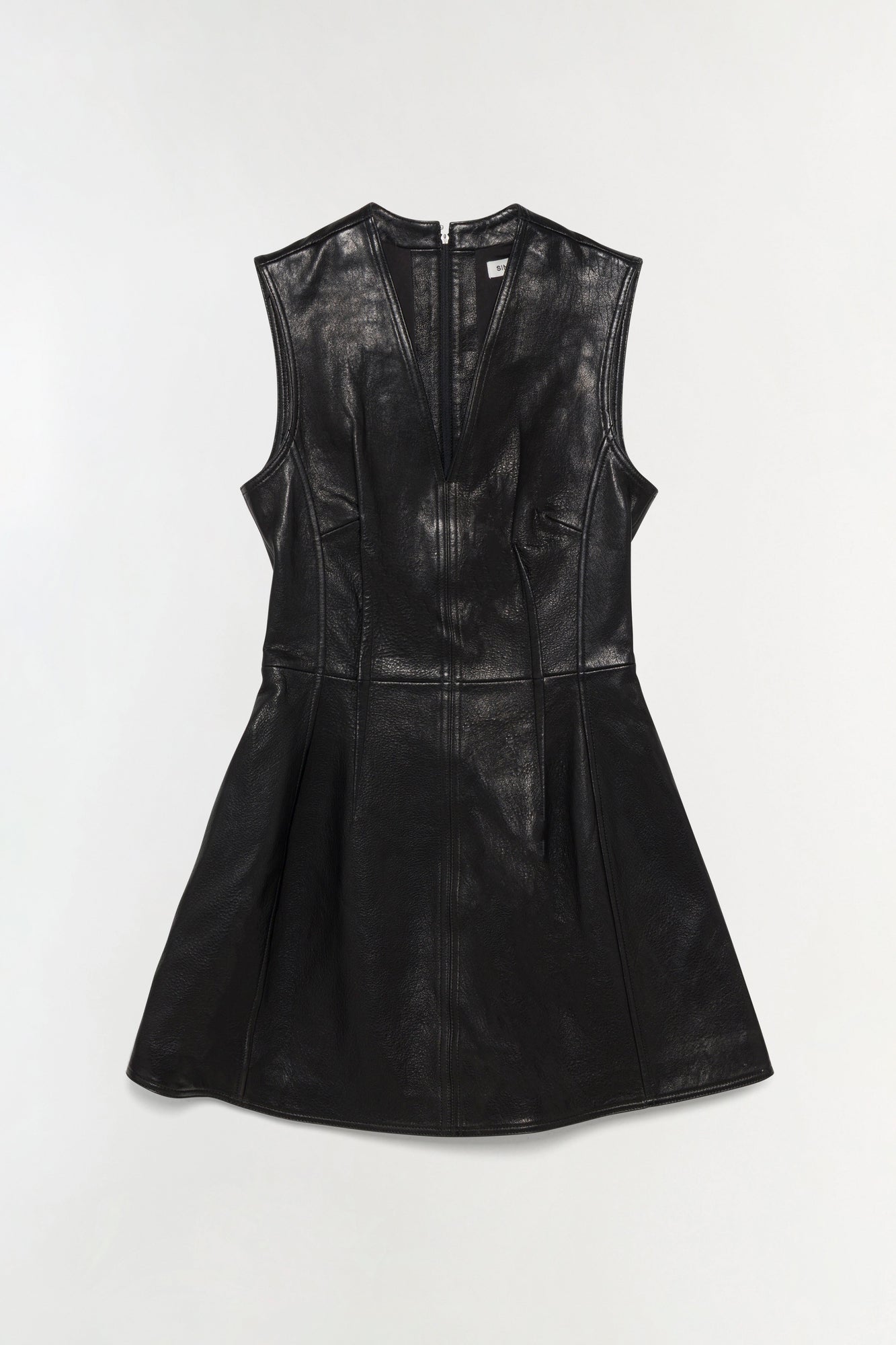 Black leather sleeveless mini dress with front zip closure and pleated skirt detail.