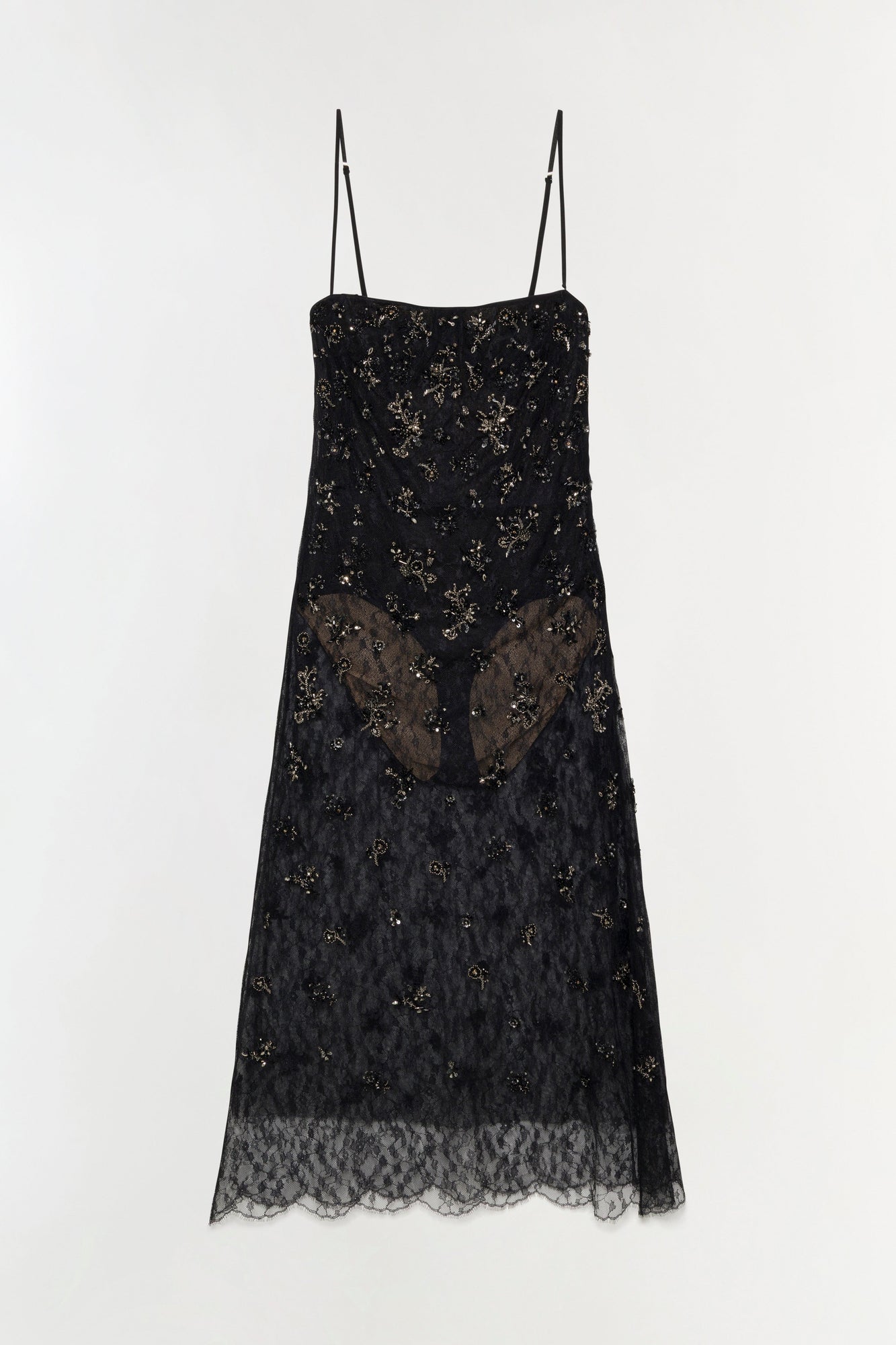 Black lace midi dress with beaded embellishments, thin shoulder straps, and lace trim at hem.