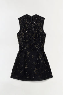 Black lace mini dress with gold beaded embellishments throughout, sleeveless design, and fitted silhouette.