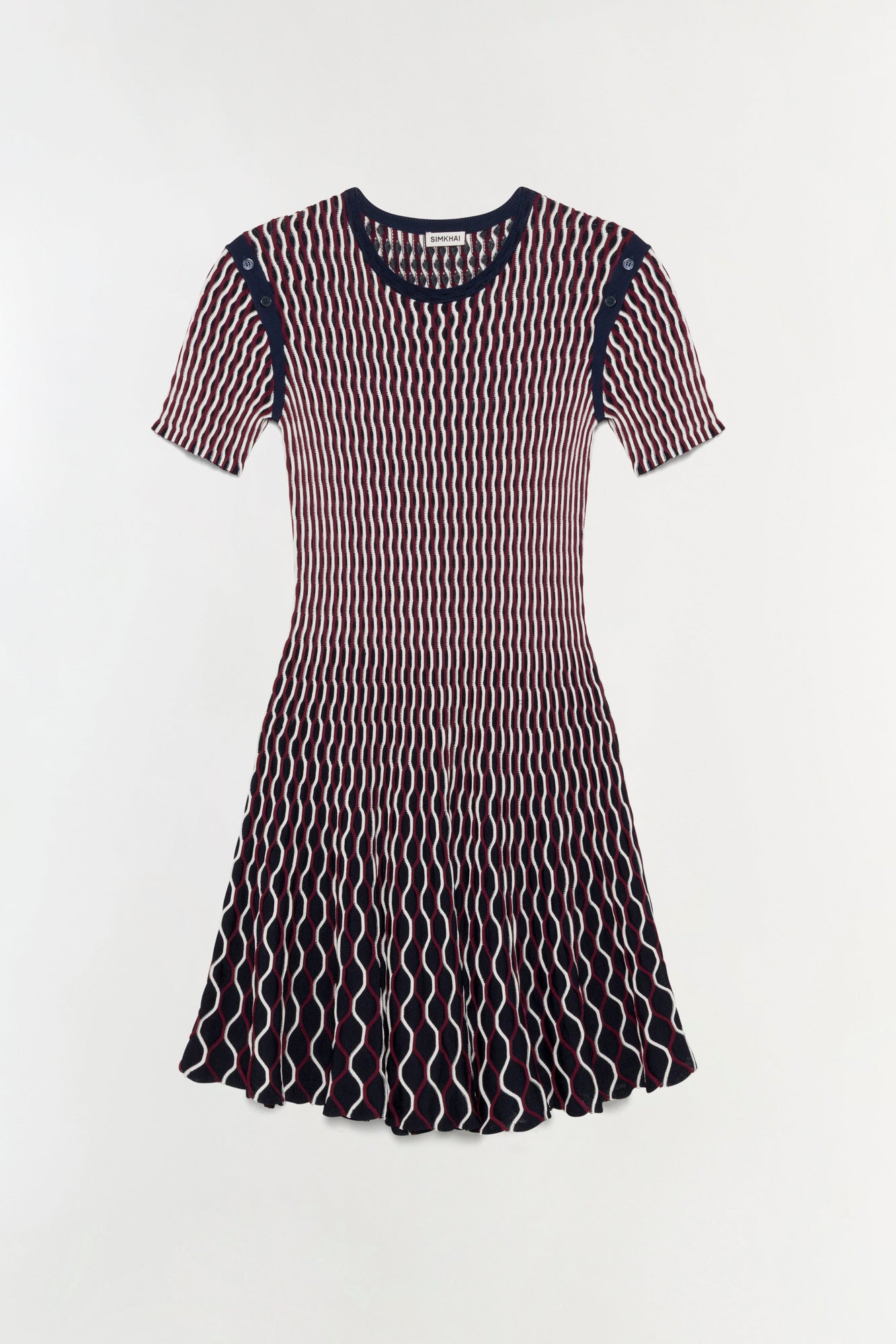 Navy and burgundy ribbed knit mini dress with short sleeves and button shoulders.