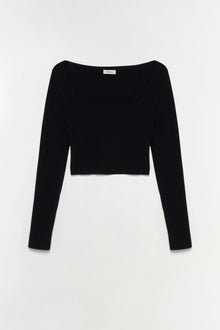 Black knit cropped top with long sleeves and square neckline.