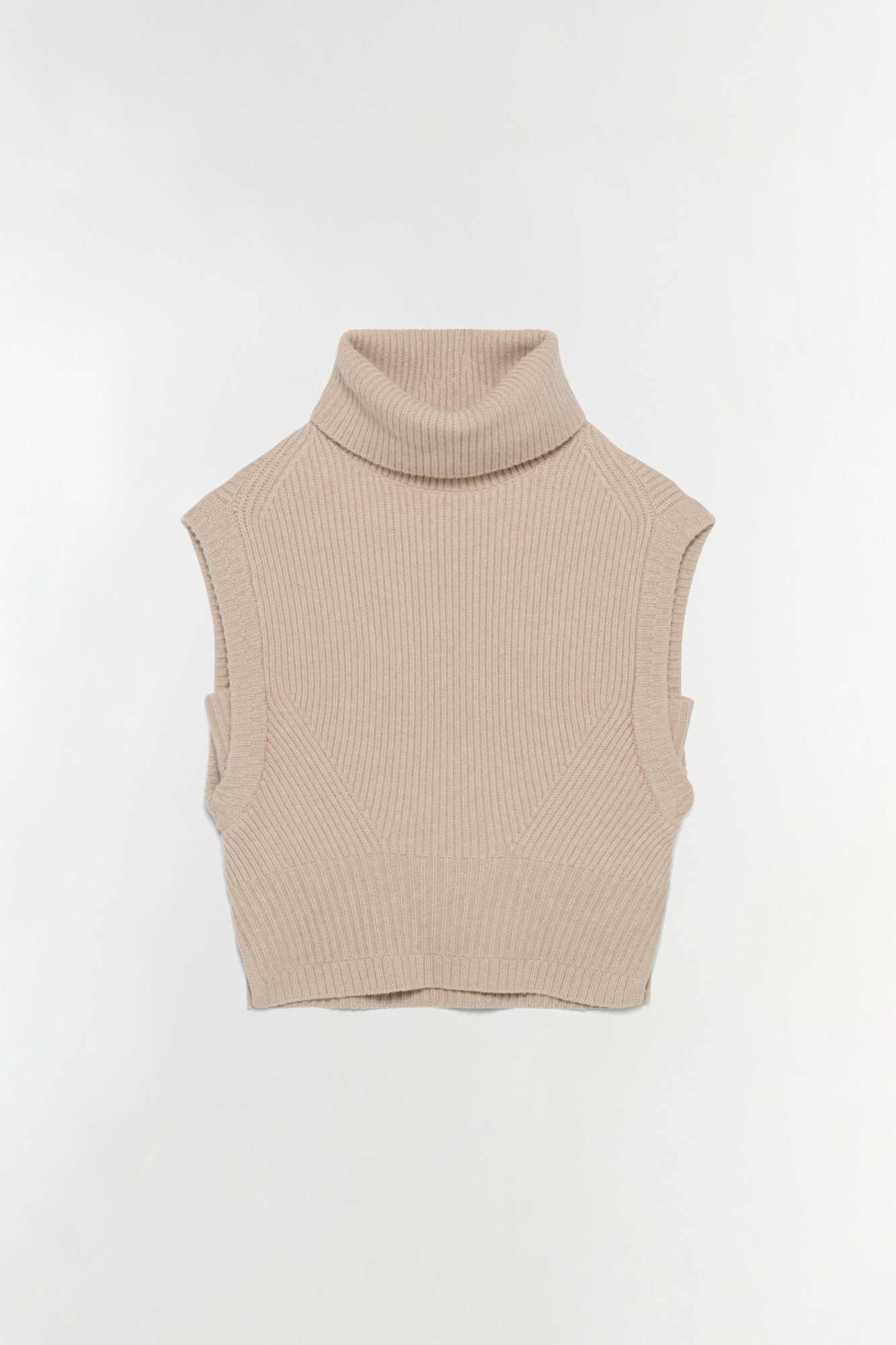 Beige ribbed sleeveless turtleneck top with a cropped silhouette.