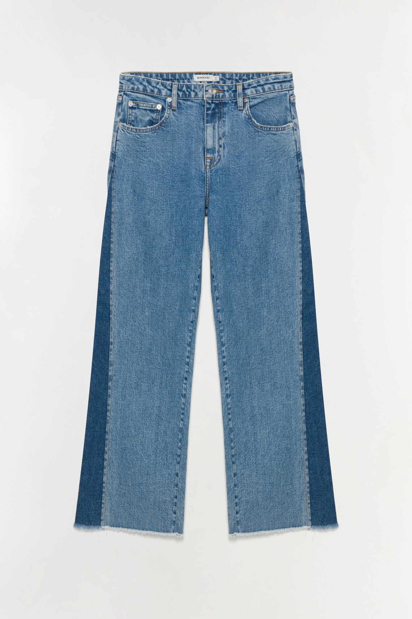 Light blue denim straight leg jeans with darker blue side panels and raw frayed hem.