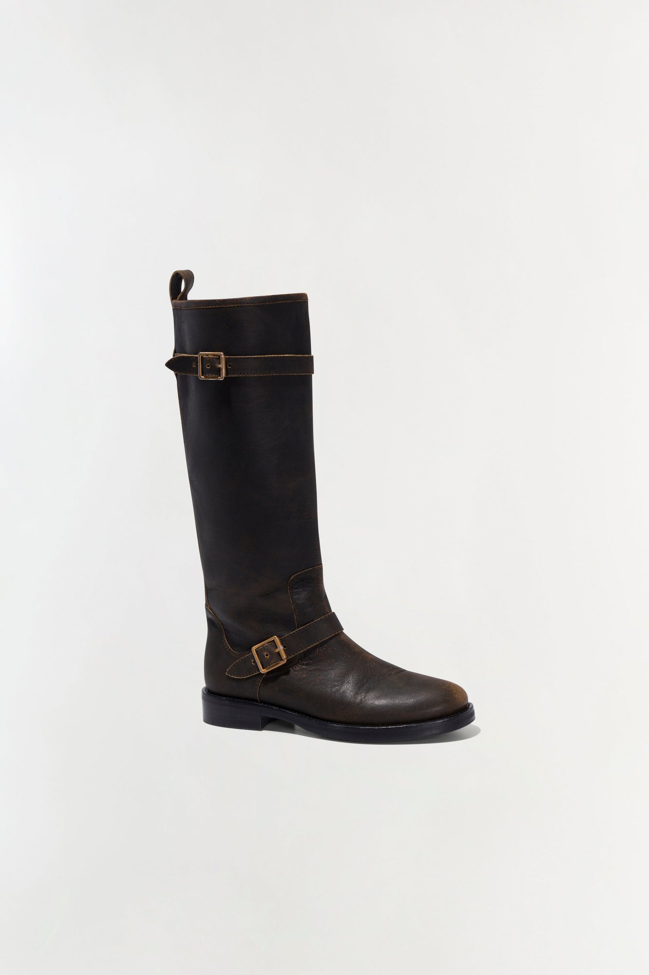 Black leather knee-high boot with buckle straps and pull tab on heel.