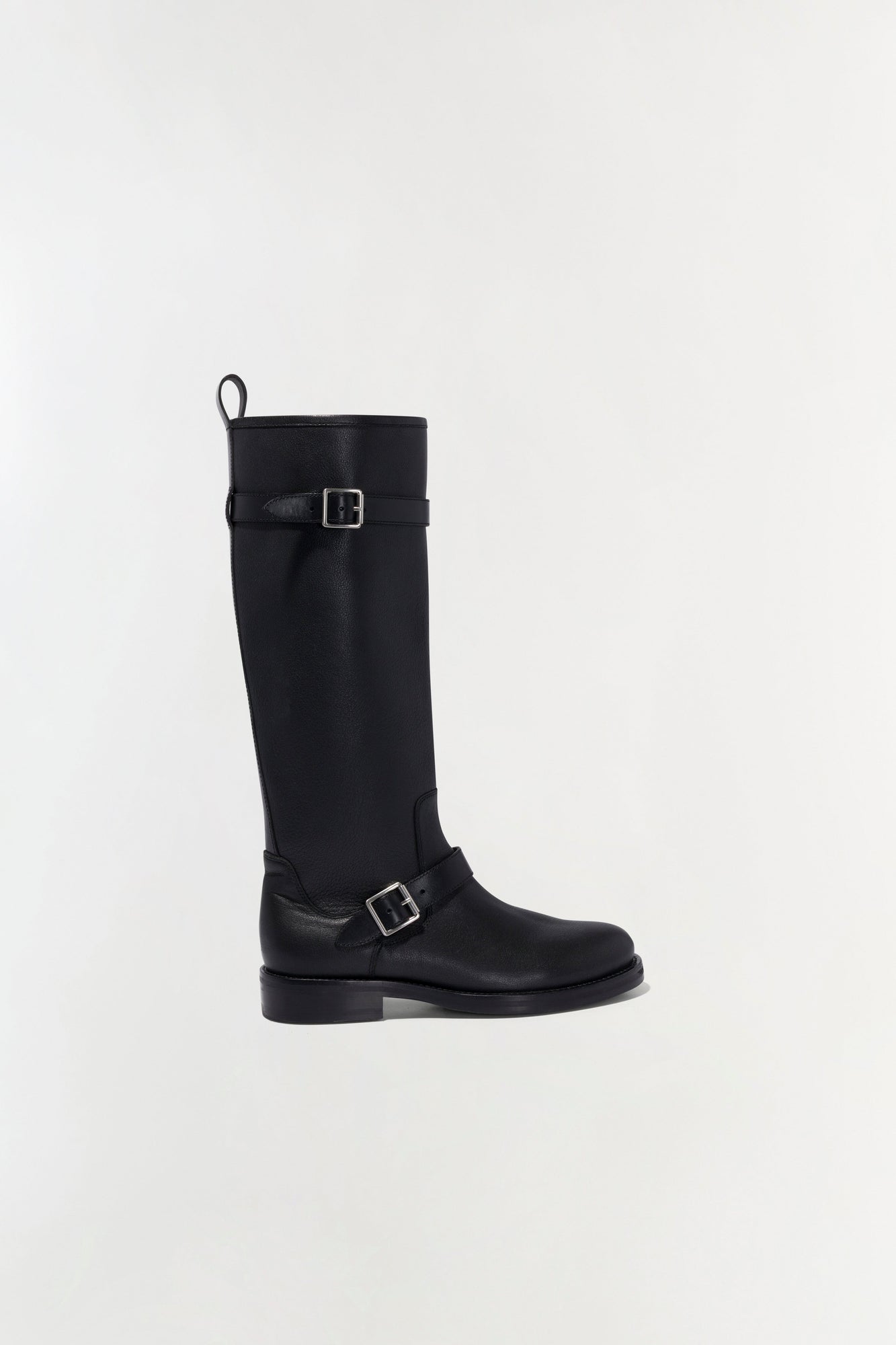 Black leather knee-high boot with buckle straps and pull loop, shown in profile view.