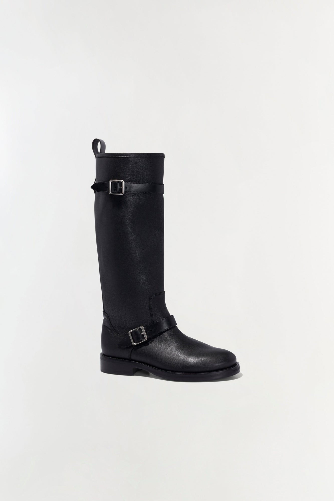 Black leather knee-high boot with buckle straps and pull-up loop.
