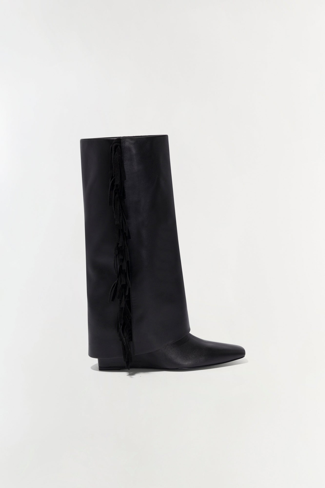 Black leather knee-high boot with fringe trim along the inner side seam.