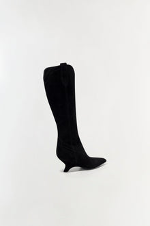 Black suede knee-high boot with a kitten heel and pointed toe, shown in side profile.