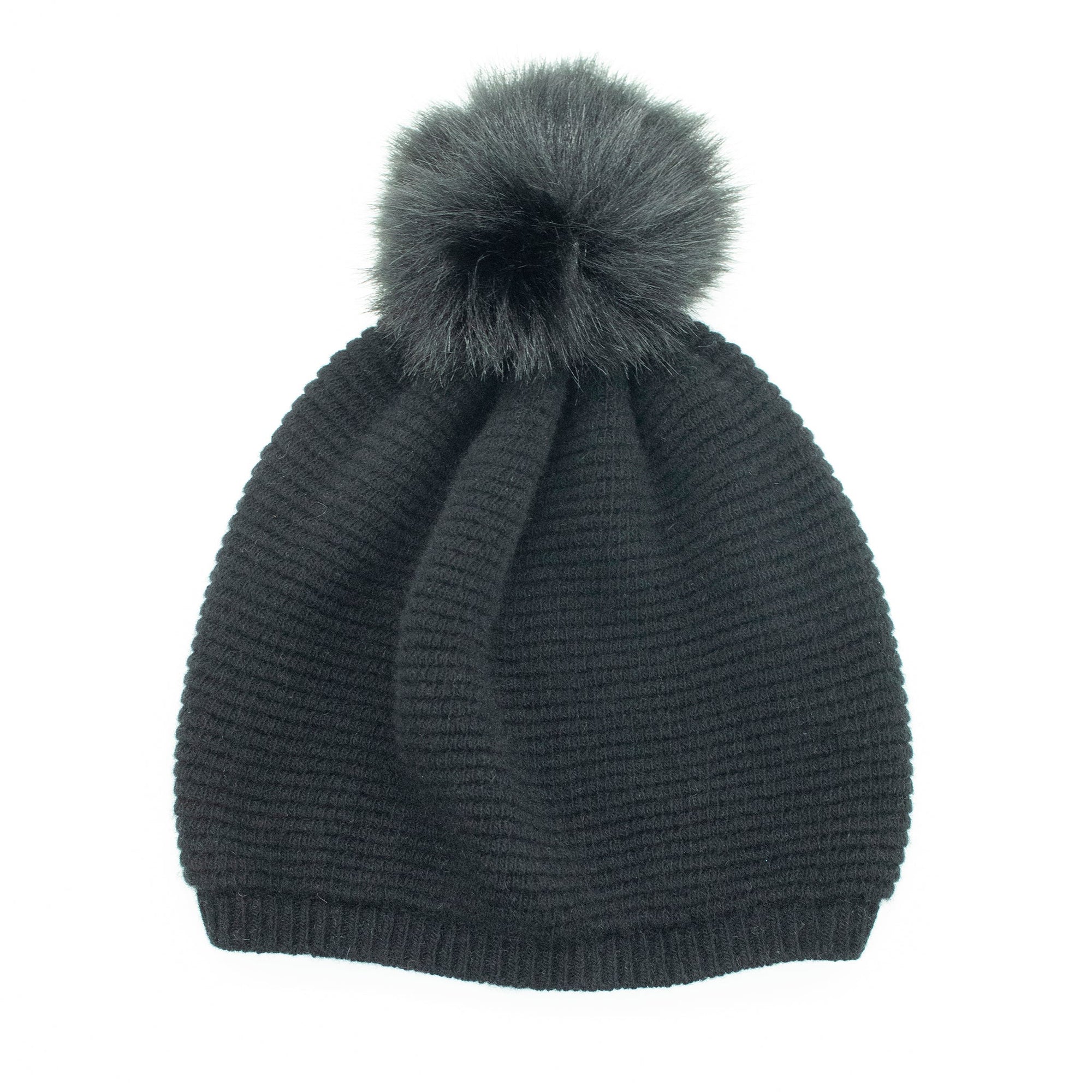 Cashmere Slouchy Ribbed Beanie With Pom | Black