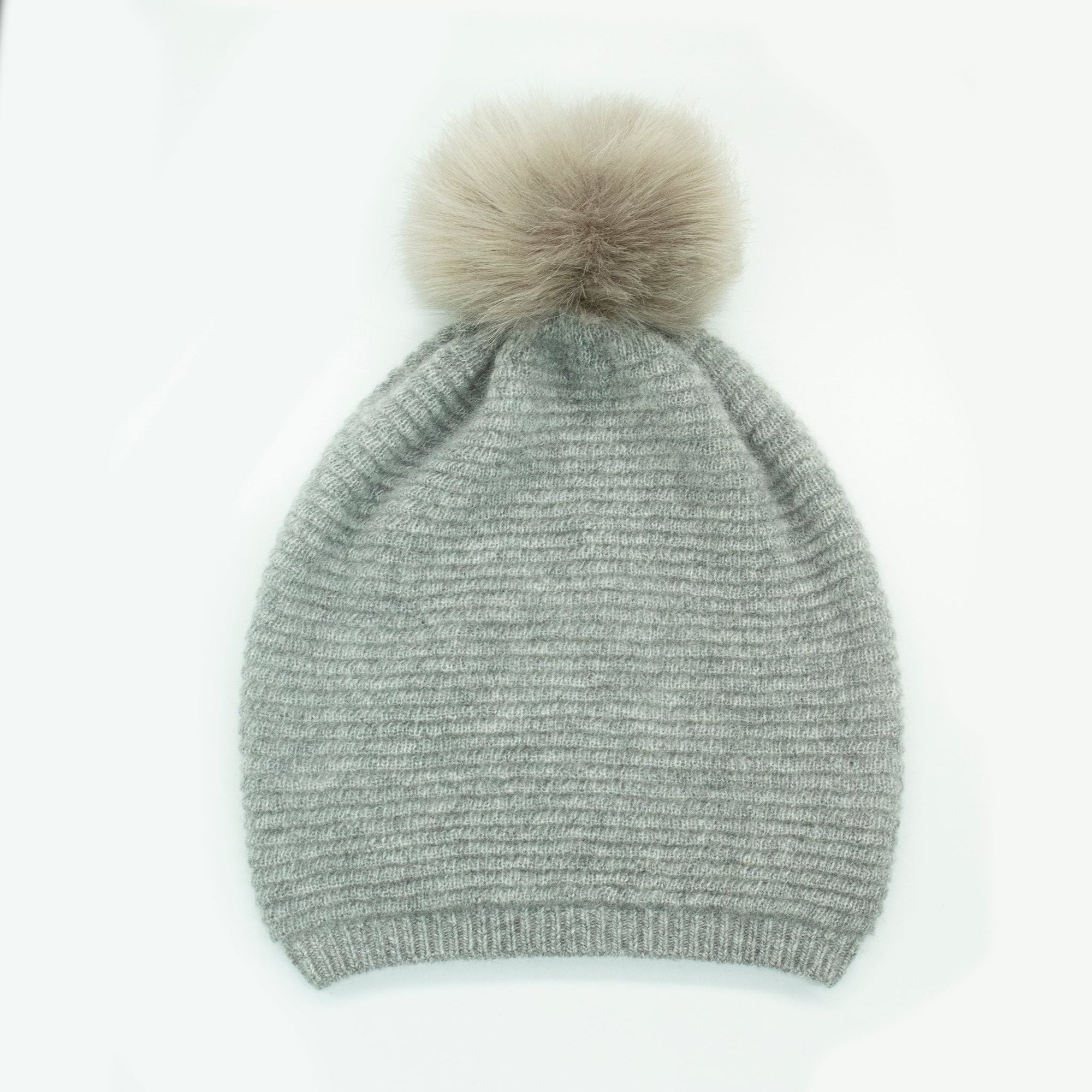 Cashmere Slouchy Ribbed Beanie With Pom | Light Grey