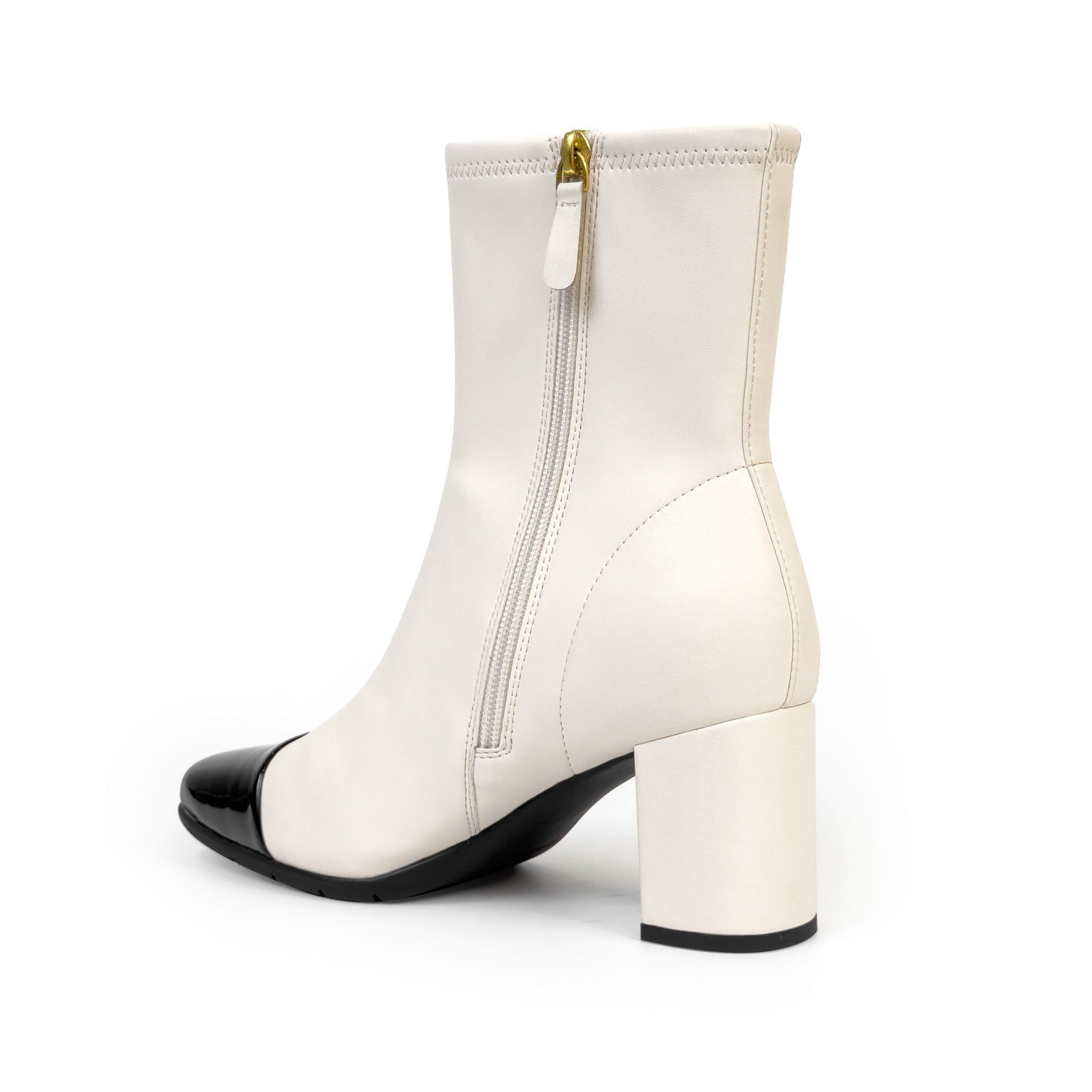 Miless Bootie Mid Block Heel | Eggnog/Black Faux Stretch Nappa/Faux Patent