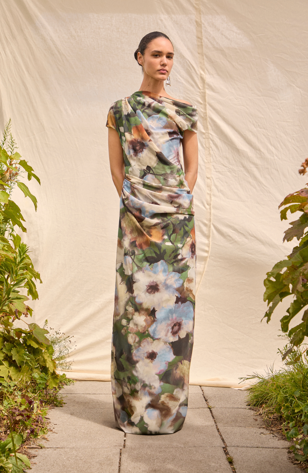 Floral Printed Chiffon Draped Column Gown | Cactus Multi