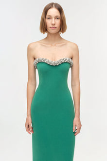 Green strapless gown with crystal embellishments along the sweetheart neckline and fitted bodice.