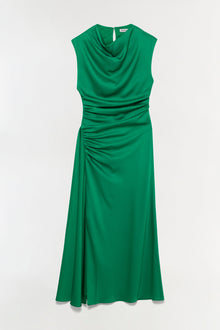 Sleeveless green satin midi dress with cowl neckline and ruched side detailing.