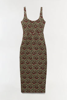 Sleeveless midi dress in gold and burgundy jacquard floral pattern with scoop neckline and fitted silhouette.