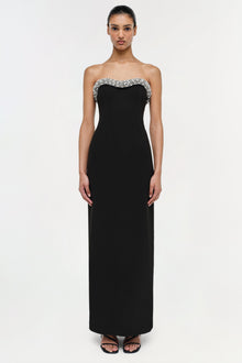 Black strapless floor-length gown with crystal embellishments along the neckline.