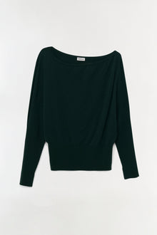 Dark green off-shoulder sweater with long sleeves and ribbed waistband.