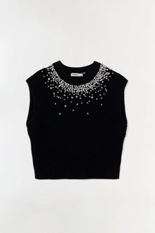 Black sleeveless knit vest with rhinestone embellishments across the neckline and scattered down the front.