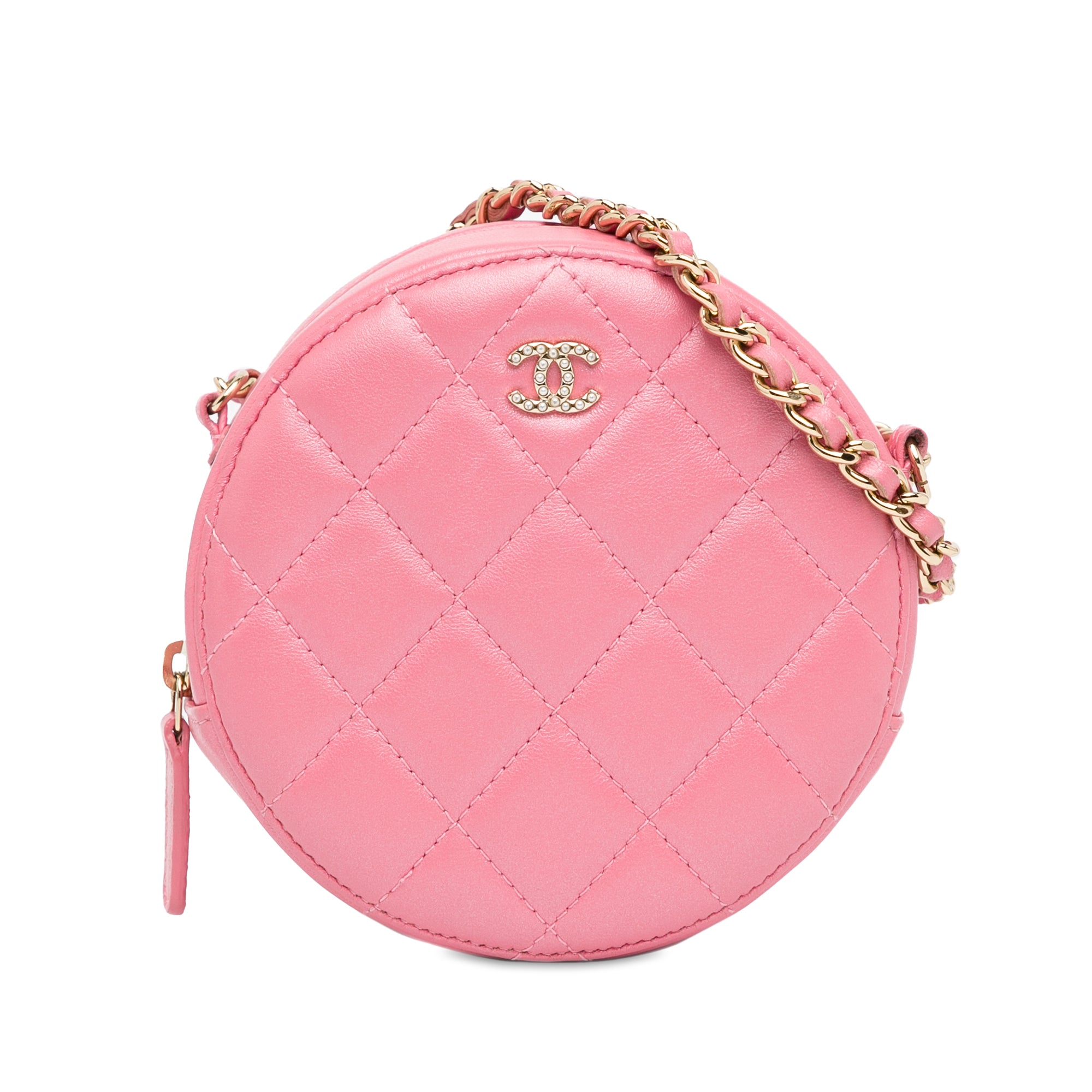 Chanel | Pre-Owned CC Quilted Lambskin Pearl Crush Round Clutch with Chain | Pink