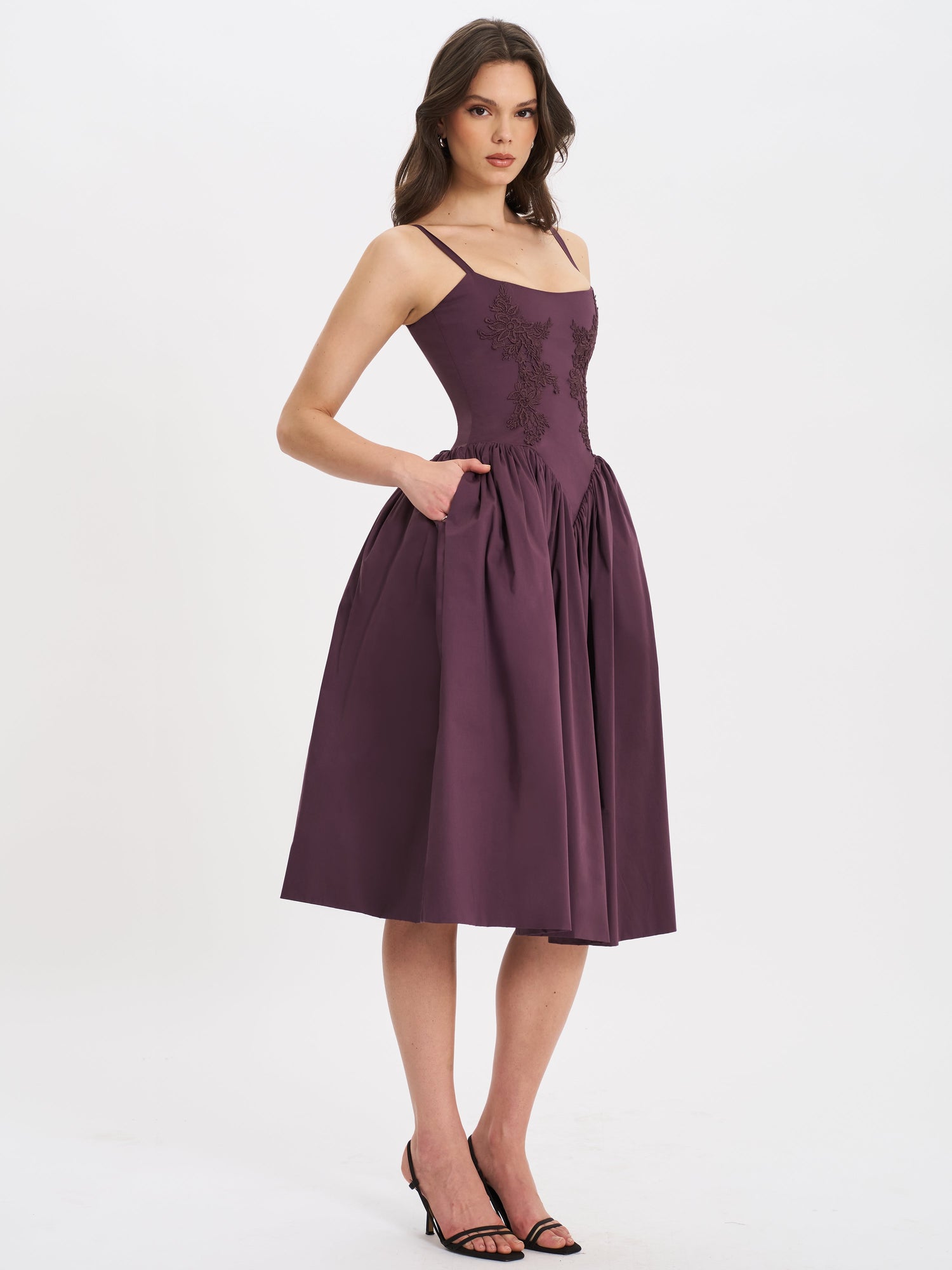 Oakleigh Blackberry Purple Cotton Lace-up Back Midi Dress | Black