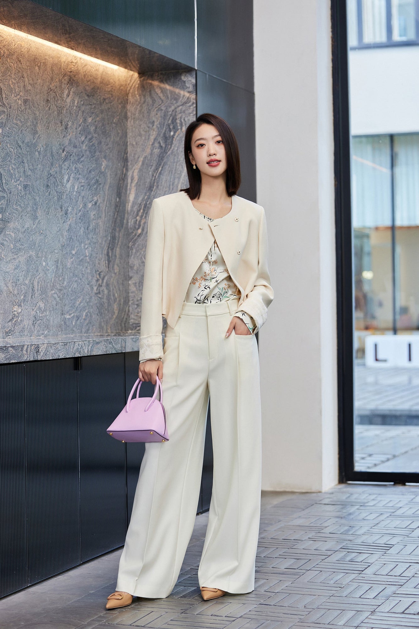 Silk Wool Cropped Jacket | Beige