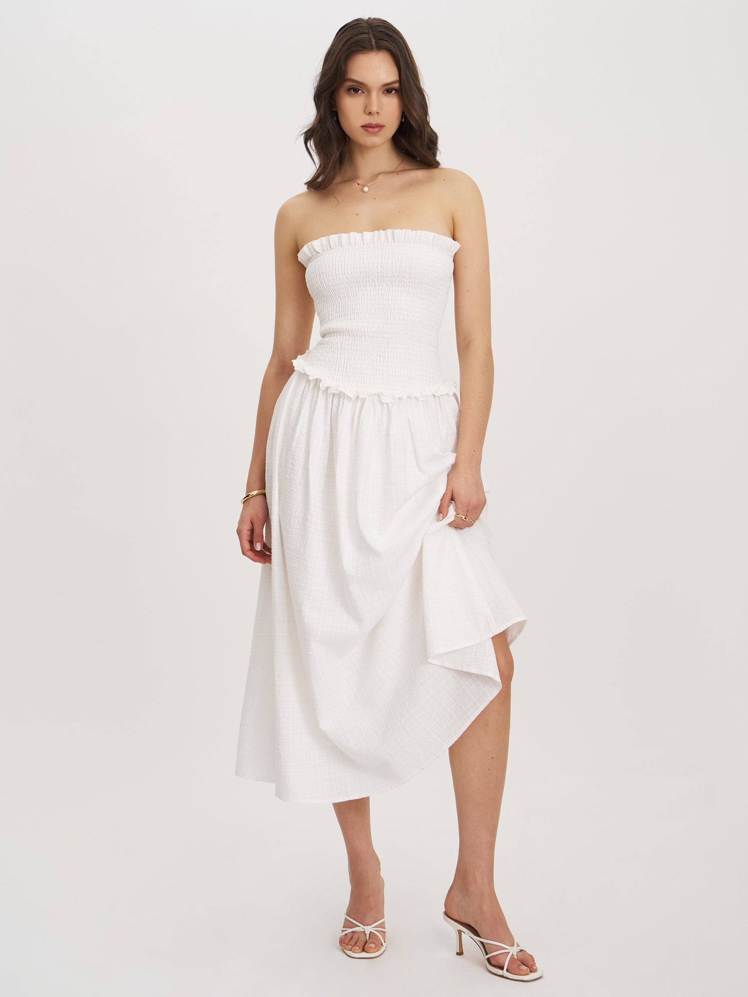 Quadiya Cotton Seersucker Smocked Strapless Midi Dress | White
