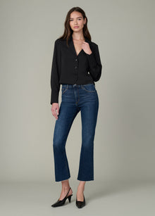 The Callie Cropped Bootcut Raw Hem jeans in Serenade – stylish high waisted boyfriend jeans with raw hem detail.
