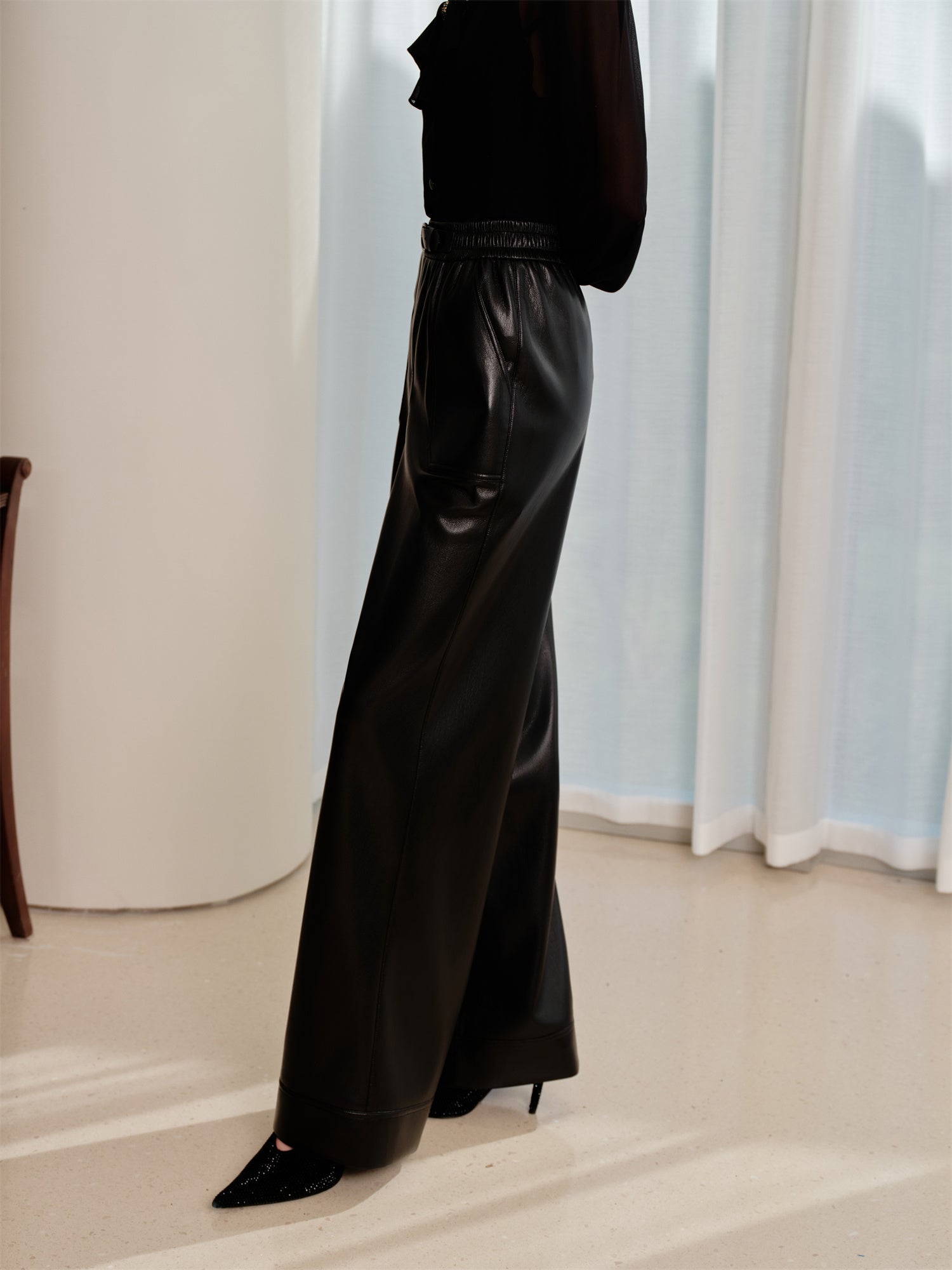 Fashion Wide-Leg Leather Pants | Black