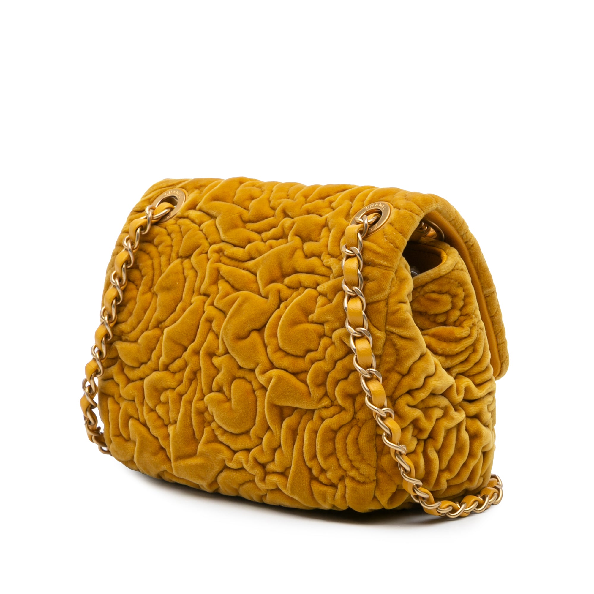 Chanel | Pre-Owned Mini Square Velvet Camellia Embossed Flap | Yellow/Mustard