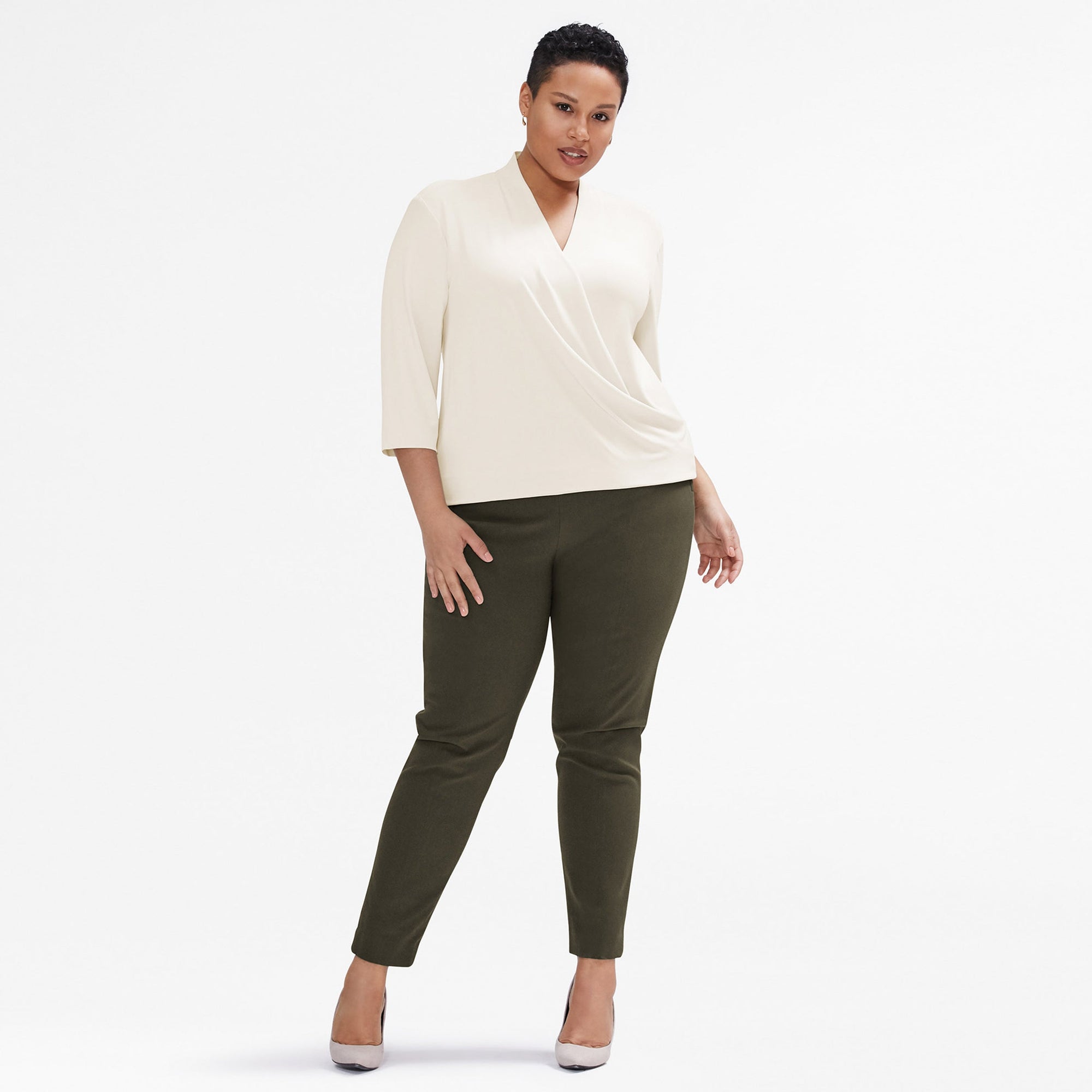 front image of woman wearing foster pant in dark olive | Exclude