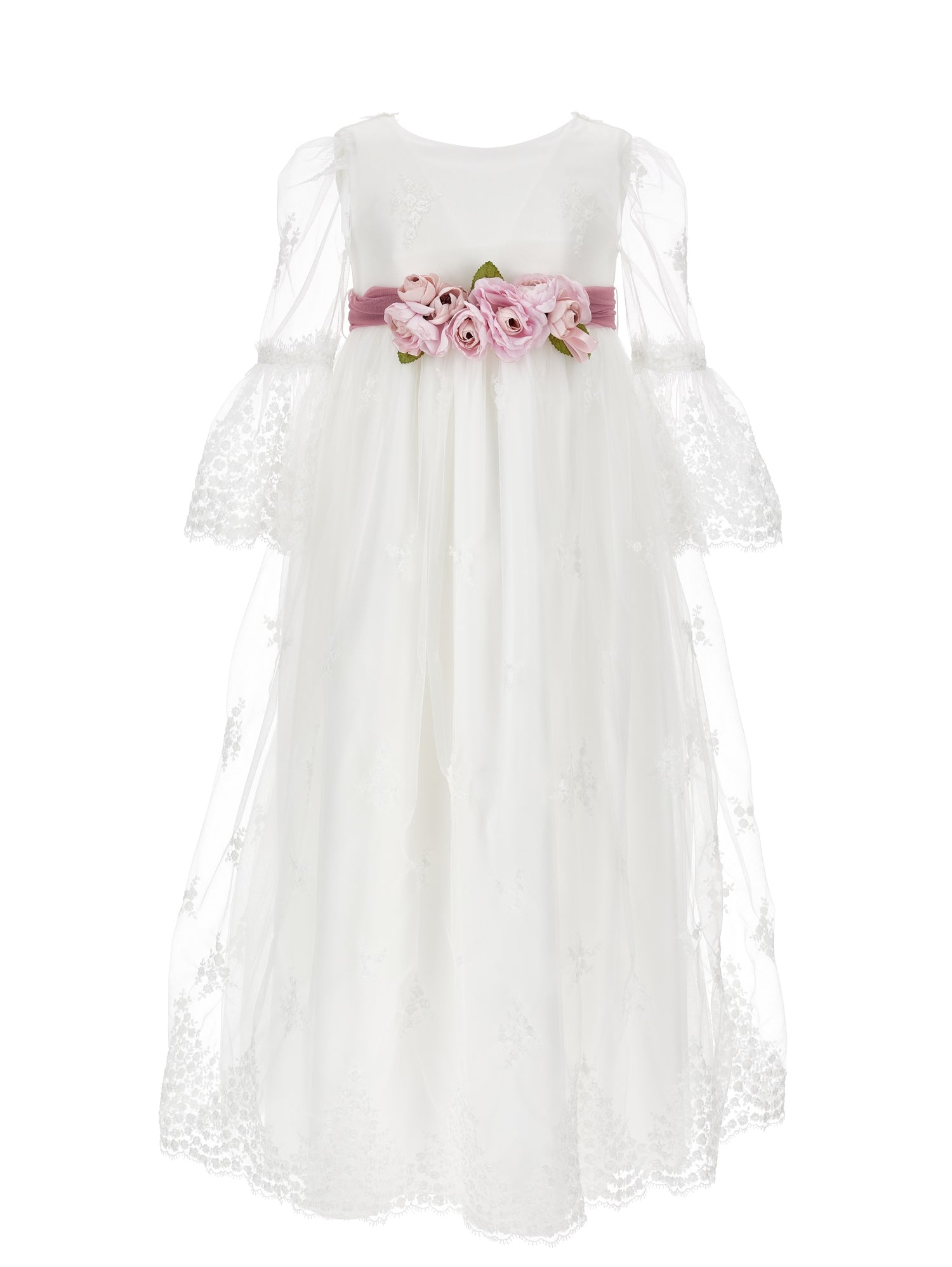 Girls | Long Embroidered Tulle Lace Dress | Cream
