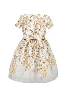 Girls | Mikado Dress With Ramage Print | Cream/Gold