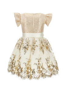 Girls | Sequin-Embroidered Dress | Ecru/Gold
