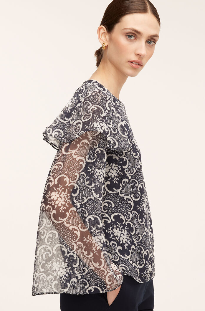 Rochelle Fleur Ruffle Silk Blouse | Rochelle Fleur Navy Combo