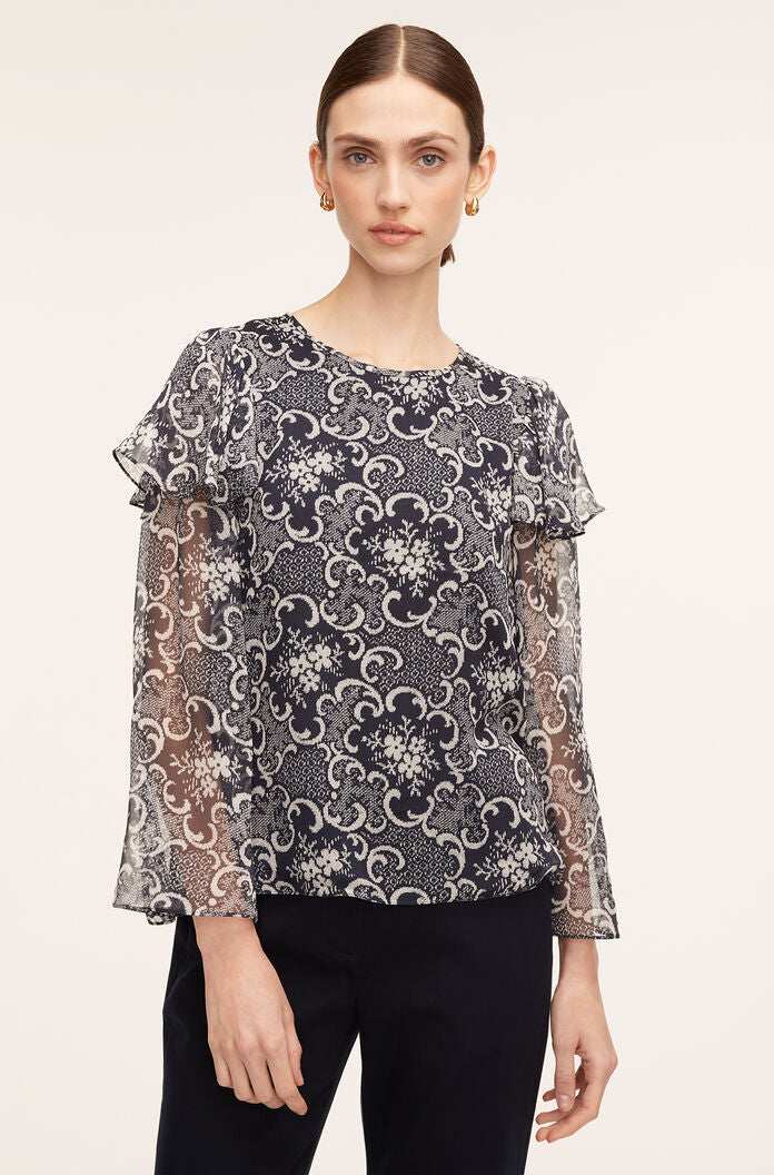 Rochelle Fleur Ruffle Silk Blouse | Rochelle Fleur Navy Combo