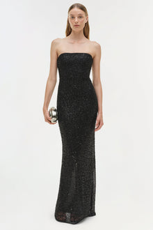 Black sequin strapless floor-length gown with fitted bodice and column silhouette.
