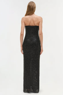 Black sequined strapless gown with floor-length fitted silhouette, shown from back view.