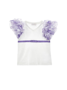 Girls | T-Shirt With Tulle Sleeves | Cream/Wisteria