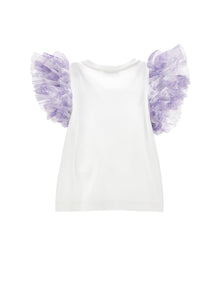 Girls | T-Shirt With Tulle Sleeves | Cream/Wisteria