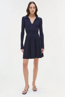 Navy ribbed knit mini dress with long sleeves, collar, and fit-and-flare skirt.