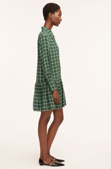 Windowpane Silk Pleated Shirt Dress | Windowpane Jasper Green Combo