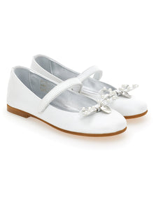 Girls | Pearly Leather Ballet Flats With Bow | Cream