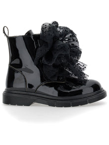 Girls | Leather Combat Boots With Tulle Bows | Black