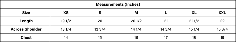 Product size guide